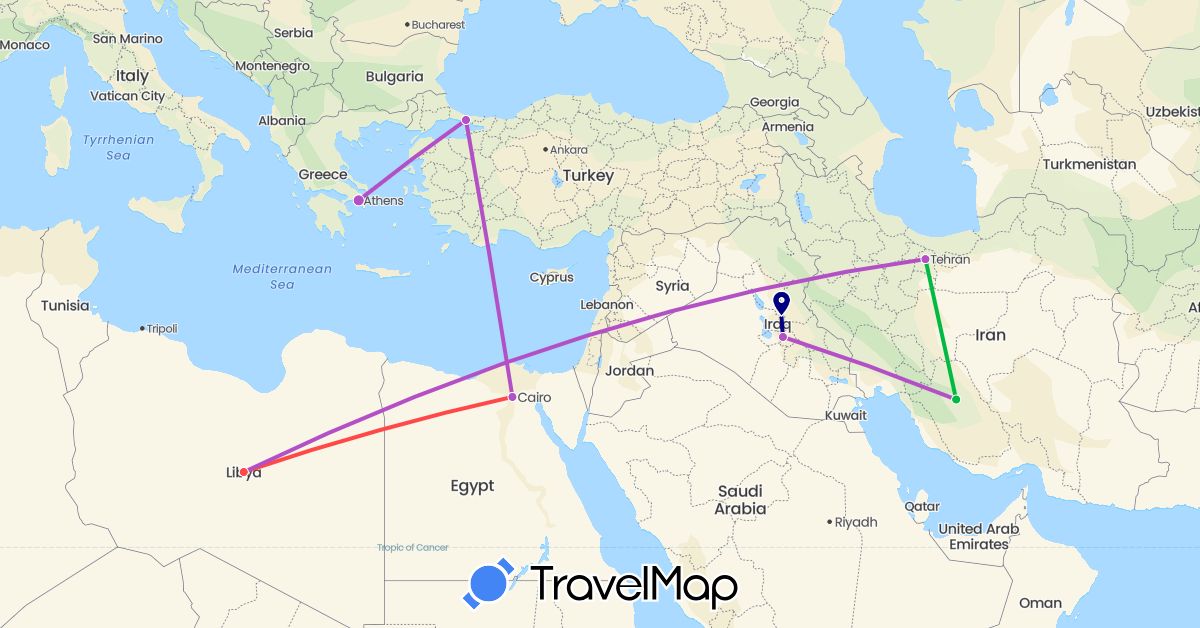 TravelMap itinerary: driving, bus, train, hiking in Egypt, Greece, Iraq, Iran, Libya, Turkey (Africa, Asia, Europe)
